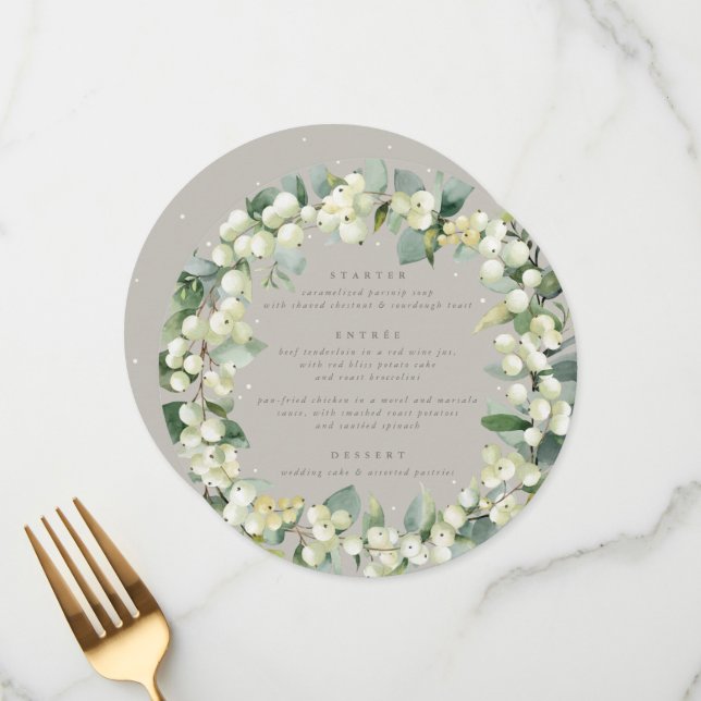 Greige Snowberry+Eucalyptus 3 Course Wedding Menu (Front/Back In Situ)