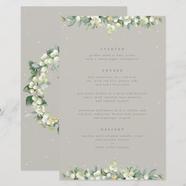 Greige Snowberry+Eucalyptus 3 Course Wedding Menu (Front/Back)