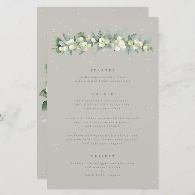 Greige Snowberry+Eucalyptus 3 Course Wedding Menu (Front/Back)