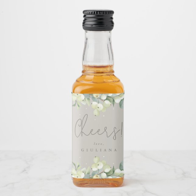 Greige Snowberry+Eucalyptus Bachelorette Mini Liquor Bottle Label (Front)