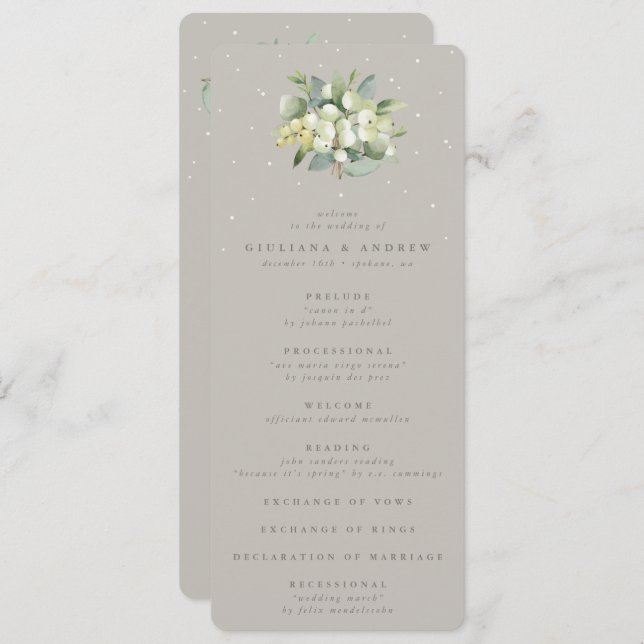 Greige Snowberry+Eucalyptus Bouquet Winter Wedding Programme (Front/Back)