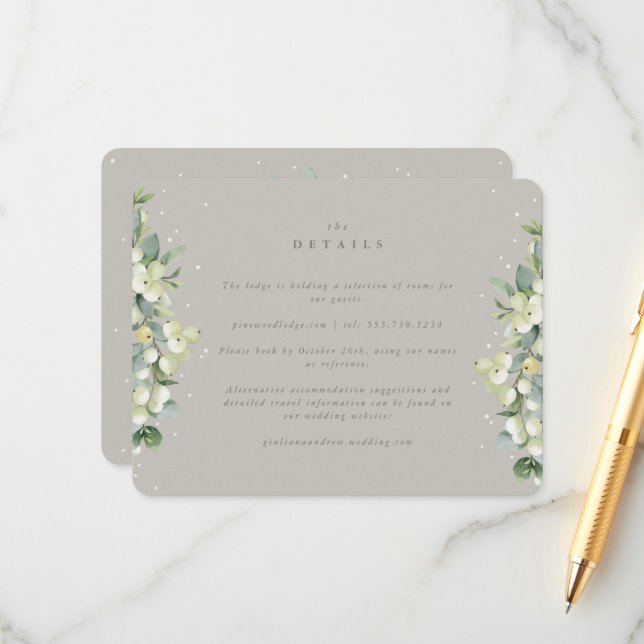 Greige Snowberry+Eucalyptus Edged Wedding Details Enclosure Card (Front/Back In Situ)