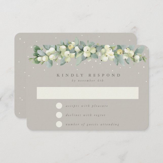 Greige Snowberry+Eucalyptus Garland Winter Wedding RSVP Card (Front/Back)
