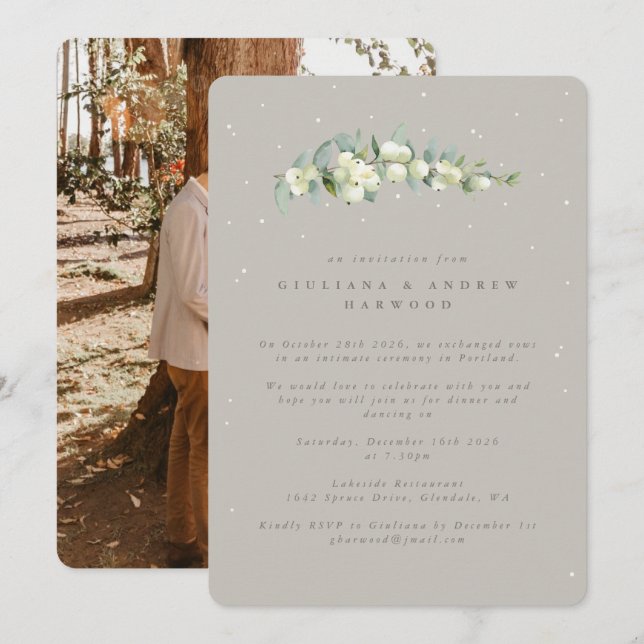 Greige Snowberry+Eucalyptus Reception Photo Invitation (Front/Back)