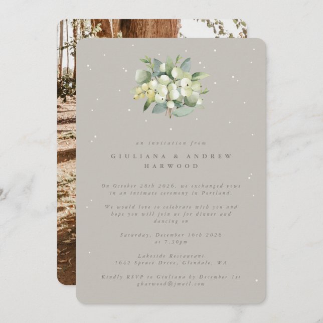 Greige Snowberry+Eucalyptus Reception Photo Invitation (Front/Back)
