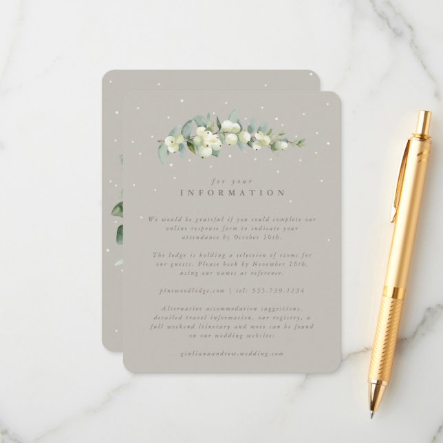 Greige Snowberry+Eucalyptus Stem Wedding Details Enclosure Card (Front/Back In Situ)