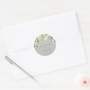 Greige Snowberry+Eucalyptus Wedding Classic Round Sticker