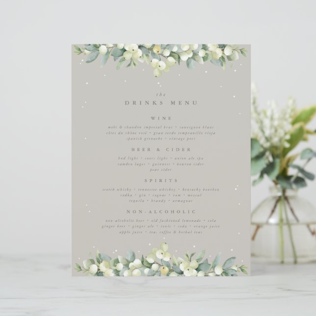Greige Snowberry+Eucalyptus Wedding Drinks Menu (Standing Front)