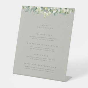 Greige Snowberry+Eucalyptus Wedding Drinks Menu Pedestal Sign