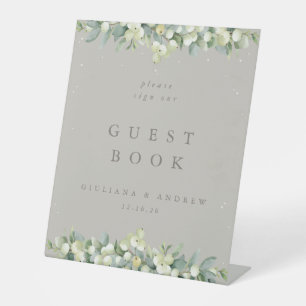 Greige Snowberry+Eucalyptus Wedding Guest Book Pedestal Sign