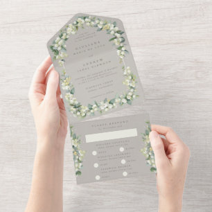 Greige Snowberry + Eucalyptus Wedding Multi Event  All In One Invitation