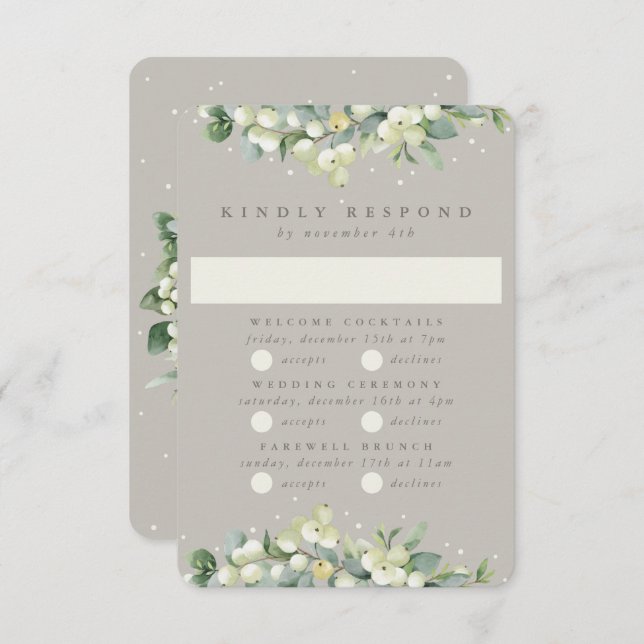 Greige Snowberry+Eucalyptus Wedding Multi-Event RSVP Card (Front/Back)