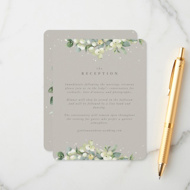 Greige Snowberry+Eucalyptus Wedding Reception Enclosure Card (Front/Back In Situ)