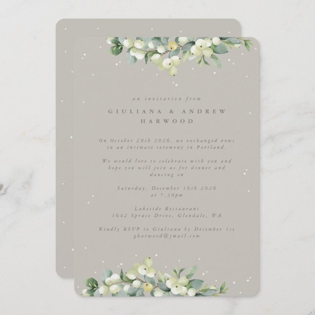 Greige Snowberry+Eucalyptus Wedding Reception Invitation (Front/Back)