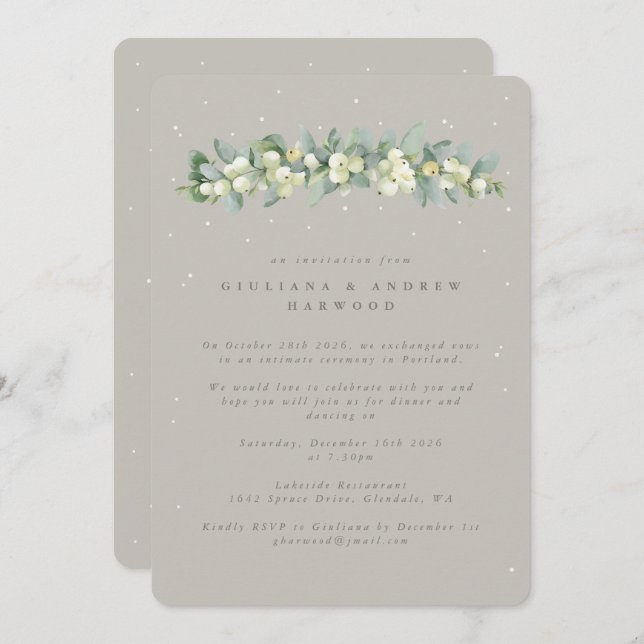 Greige Snowberry+Eucalyptus Wedding Reception Invitation (Front/Back)
