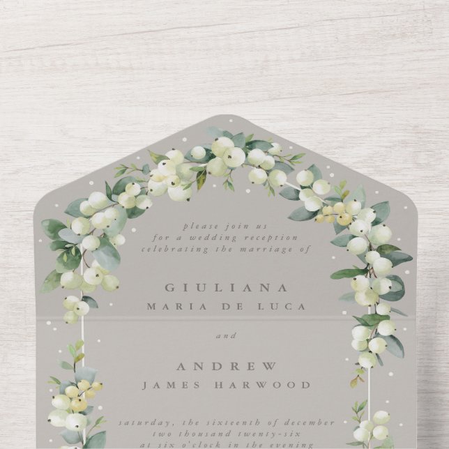 Greige Snowberry+Eucalyptus Wedding Reception Only All In One Invitation (Inside Top)