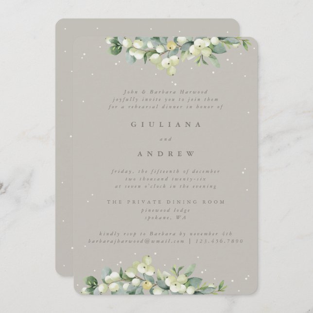Greige Snowberry+Eucalyptus Wedding Rehearsal Invitation (Front/Back)