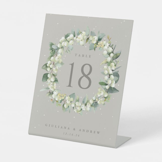 Greige Snowberry+Eucalyptus Wedding Table Number Pedestal Sign (Front)