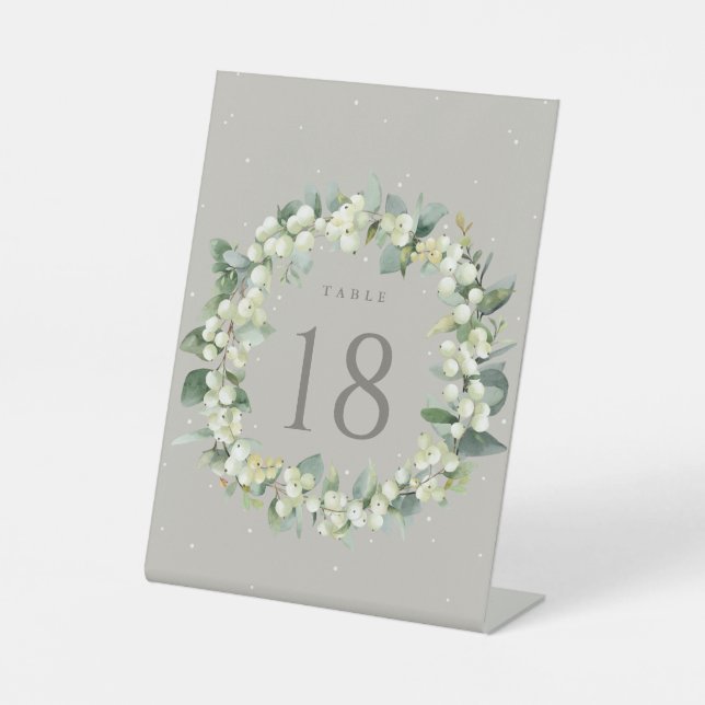 Greige Snowberry+Eucalyptus Wedding Table Number Pedestal Sign (Front)