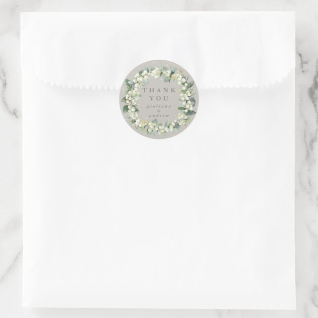 Greige Snowberry+Eucalyptus Wedding Thank You Classic Round Sticker (Bag)