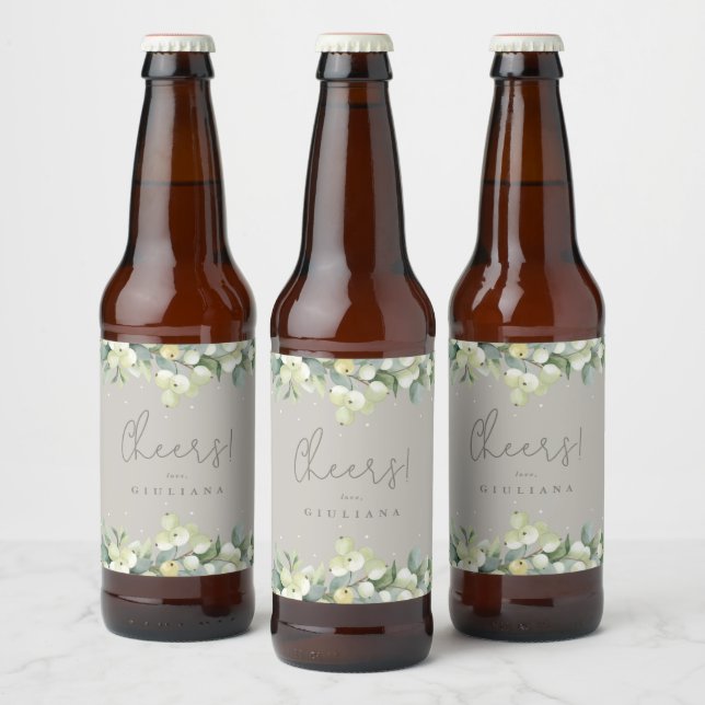 Greige Snowberry+Eucalyptus Winter Bachelorette Beer Bottle Label (Bottles)