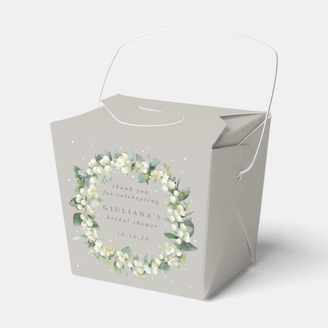 Greige Snowberry+Eucalyptus Winter Bridal Shower Favour Box (Front Side)