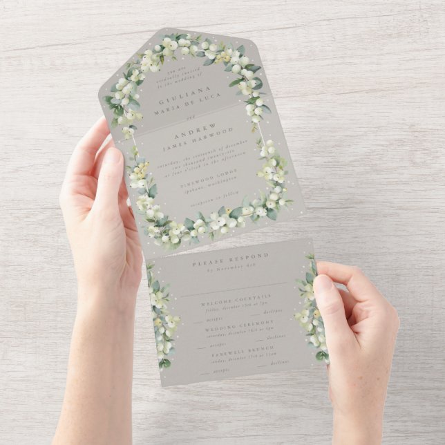 Greige Snowberry+Eucalyptus Winter Wedding All In One Invitation (Tearaway)