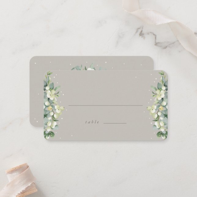 Greige Snowberry+Eucalyptus Winter Wedding Flat Place Card (Front/Back In Situ)