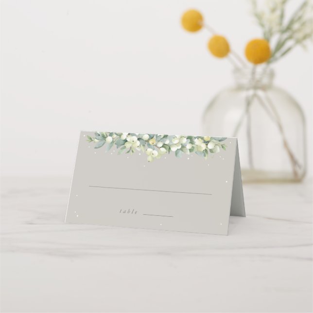 Greige Snowberry+Eucalyptus Winter Wedding Folded Place Card (Front)