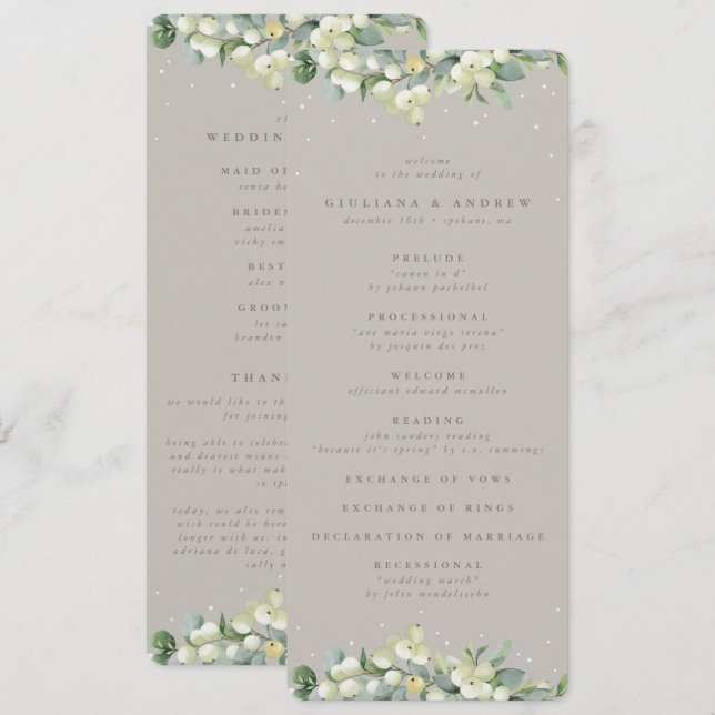 Greige Snowberry+Eucalyptus Winter Wedding Programme (Front/Back)