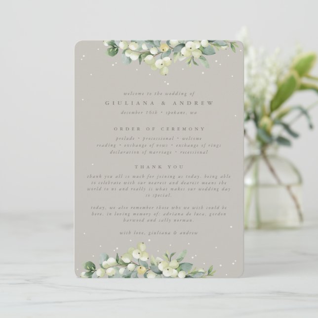 Greige Snowberry+Eucalyptus Winter Wedding Programme (Standing Front)