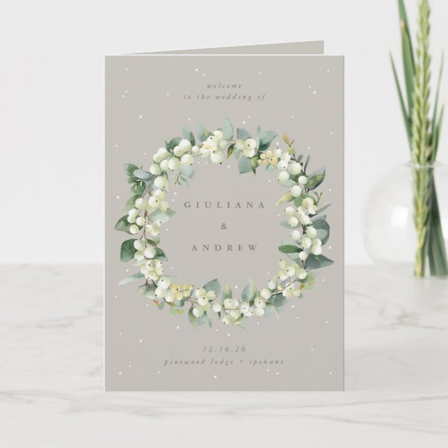 Greige Snowberry+Eucalyptus Winter Wedding Programme (Front)