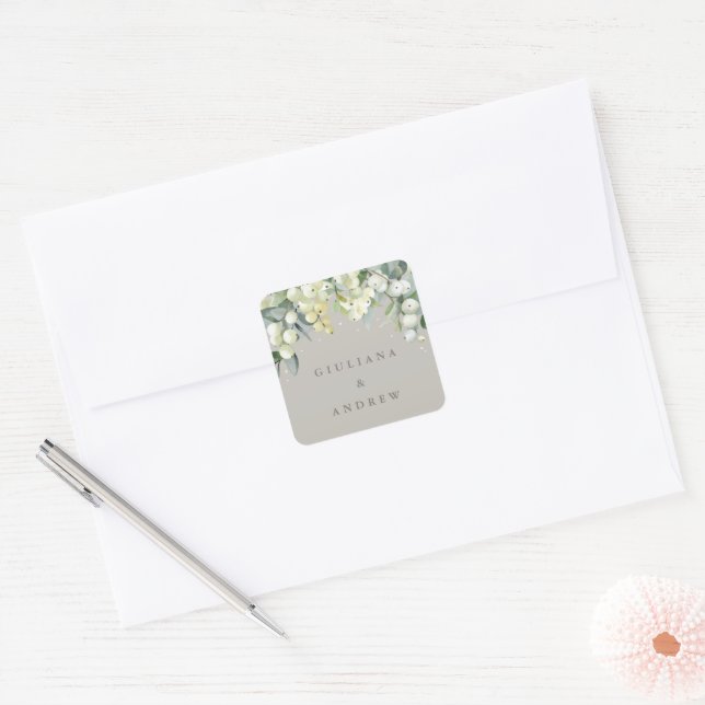 Greige Snowberry+Eucalyptus Winter Wedding Square Sticker (Envelope)