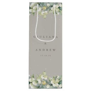 Greige Snowberry+Eucalyptus Winter Wedding Wine Gift Bag