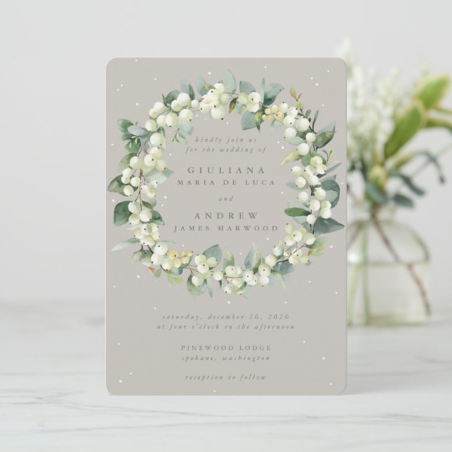 Greige Snowberry+Eucalyptus Wreath Winter Wedding Invitation (Standing Front)