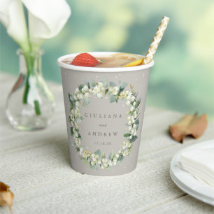 Greige Snowberry+Eucalyptus Wreath Winter Wedding Paper Cups