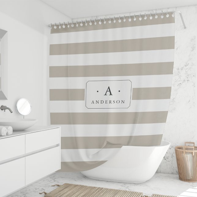 Greige Stripe Family Name & Monogram Shower Curtain (Creator Uploaded)