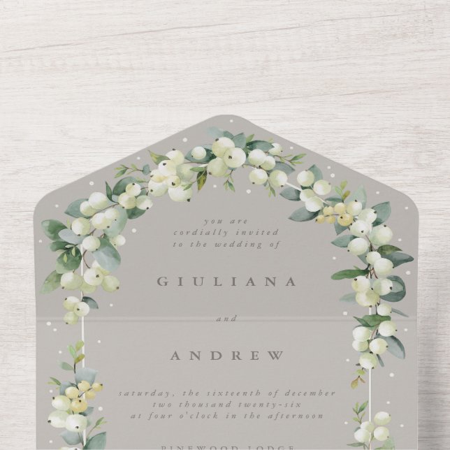 Greige/Taupe Snowberry+Eucalyptus Winter Wedding All In One Invitation (Inside Top)