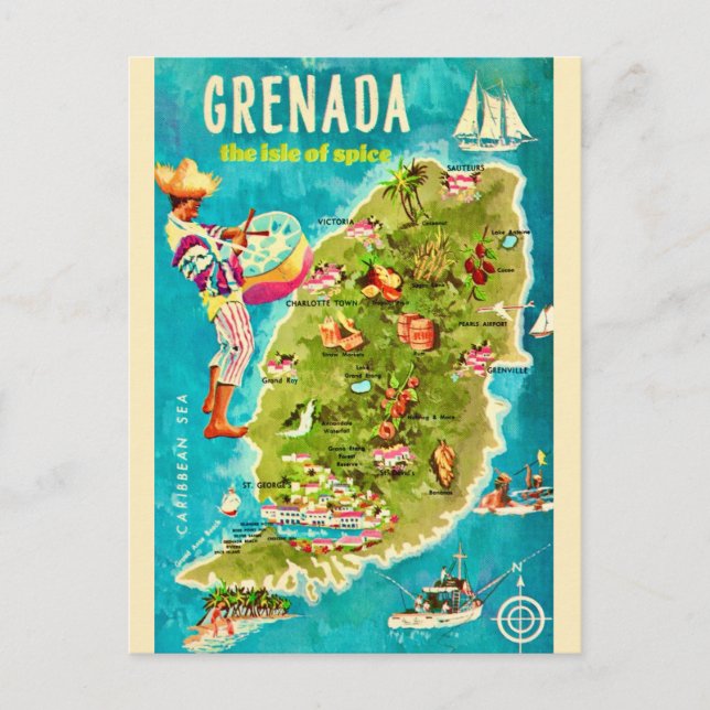 Grenada Island Map Postcard (Front)