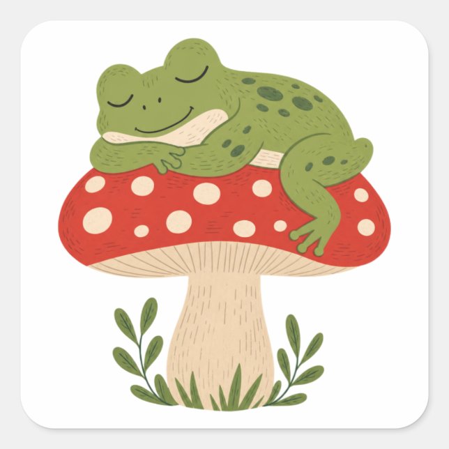 Grenouille rêveuse sur champignon rouge square sticker (Front)