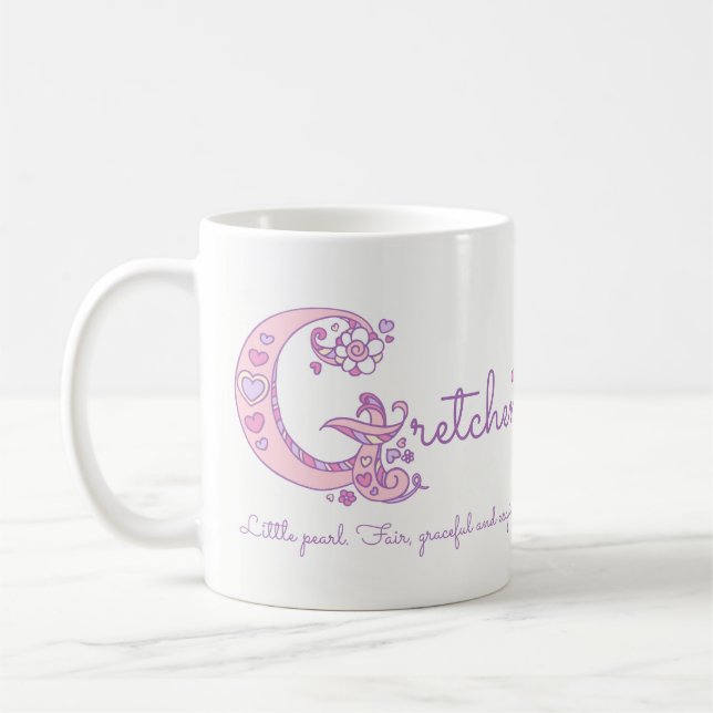 Gretchen name meaning heart flower G monogram mug (Left)