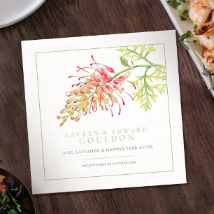 Grevillea flower watercolor wedding green white napkin