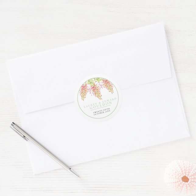 Grevillea flowers watercolor wedding green white classic round sticker (Envelope)