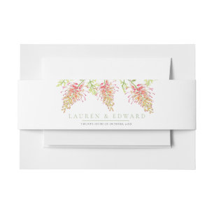 Grevillea flowers watercolor wedding green white invitation belly band