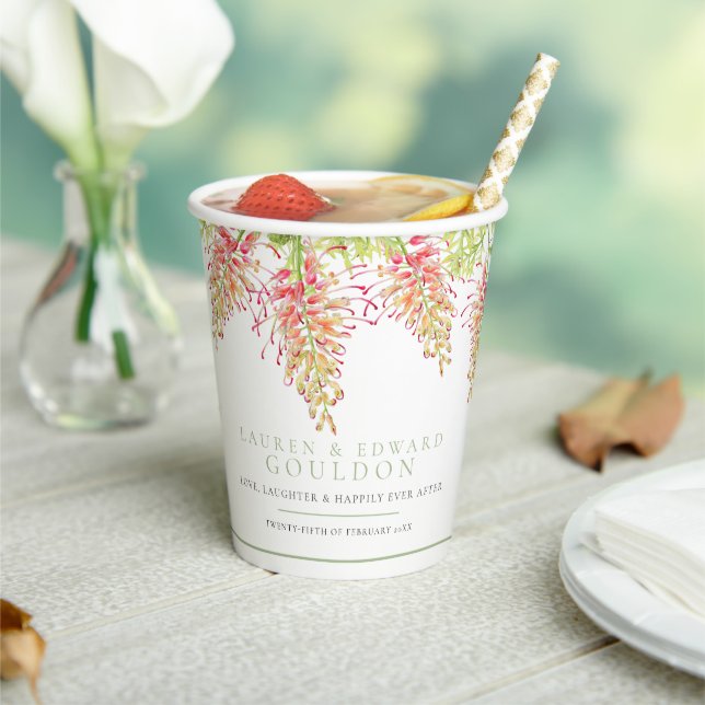 Grevillea flowers watercolor wedding green white  paper cups (Insitu)