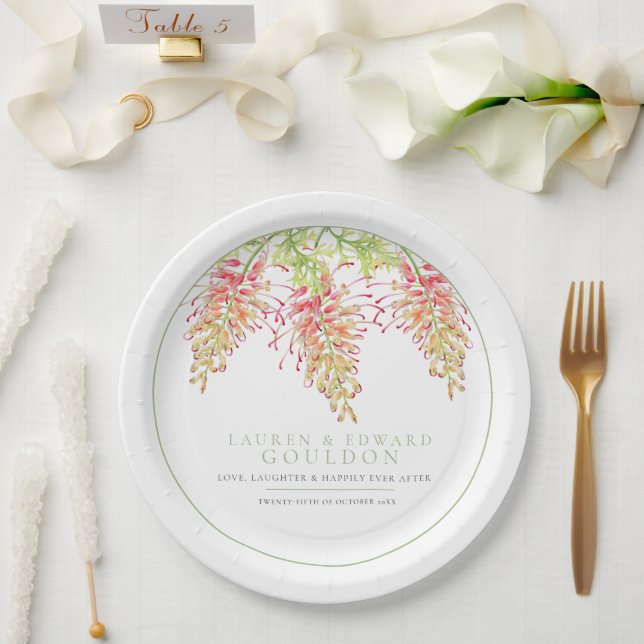 Grevillea flowers watercolor wedding green white  paper plate (Wedding)