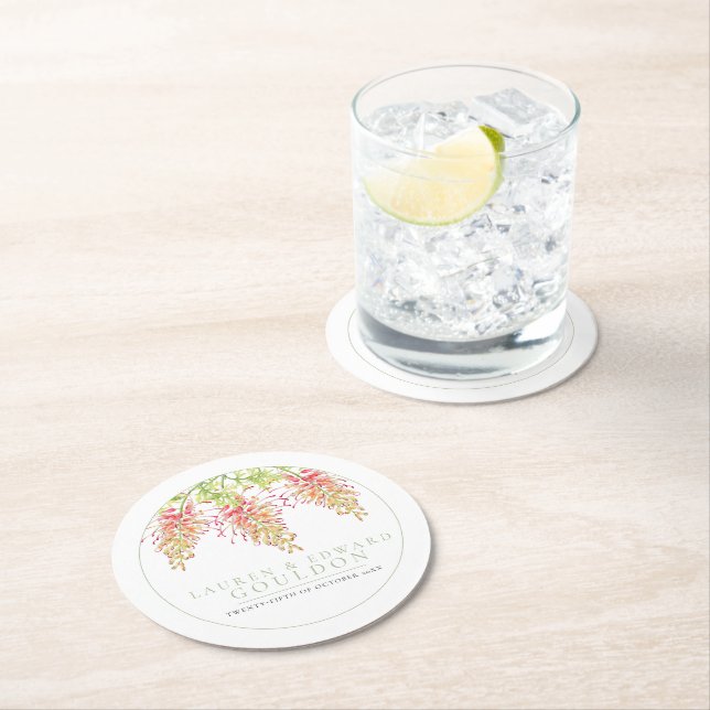 Grevillea flowers watercolor wedding green white round paper coaster (Insitu)
