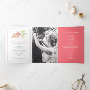 Grevillea watercolor floral coral white wedding Tri-Fold programme