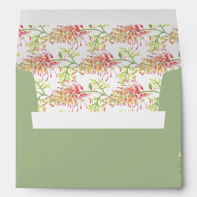 Grevillea watercolor floral green orange wedding envelope (Back (Bottom))