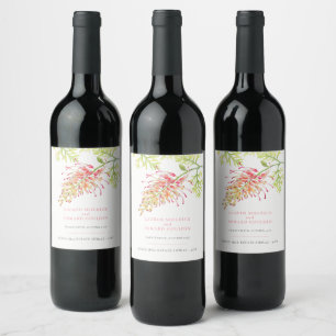 Grevillea watercolor floral wedding coral white  wine label